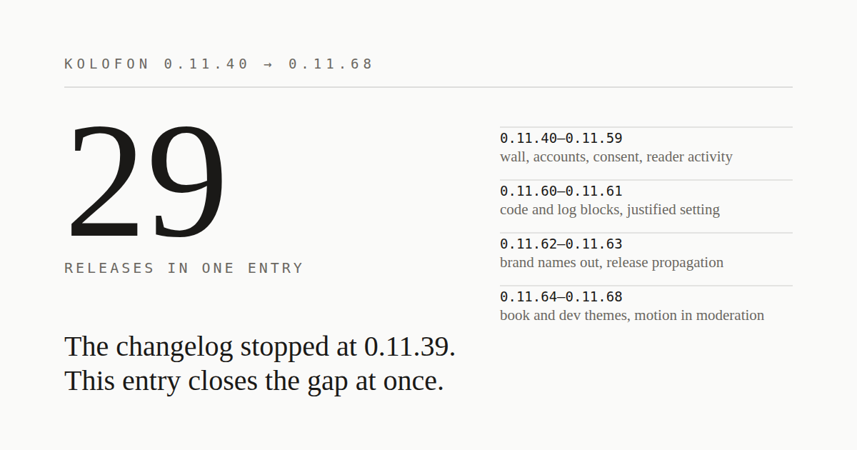 0.11.40 – 0.11.68 — twenty-nine releases, one entry